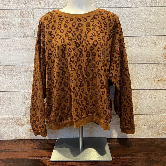 TIME & TRU Women's Brown Leopard Print Crewneck Sweater Size L NEW - Picture 1 of 4